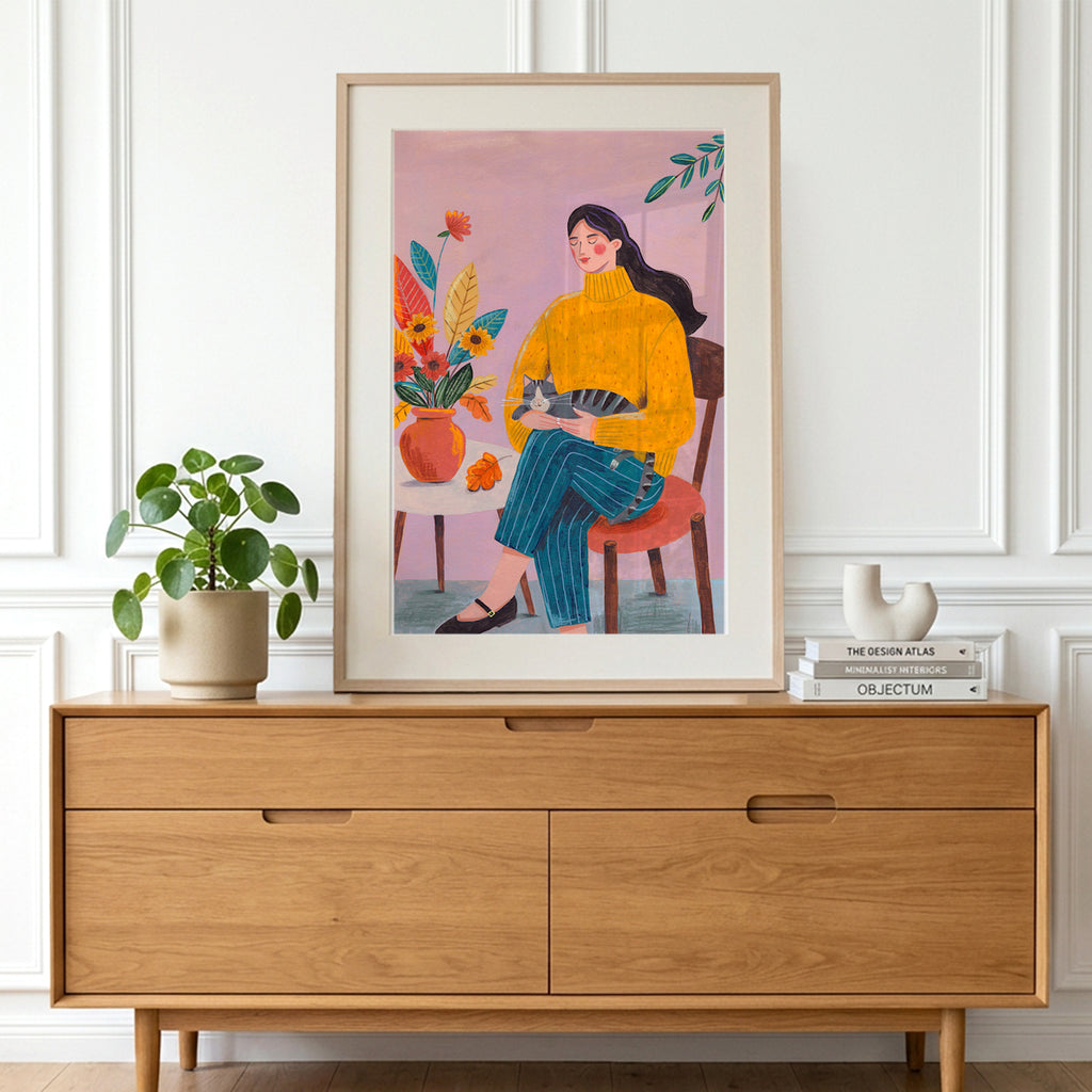 Frau mit Katze Herbst Kunstdruck | Gemütliche florale Innenillustration