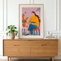 Frau mit Katze Herbst Kunstdruck | Gemütliche florale Innenillustration