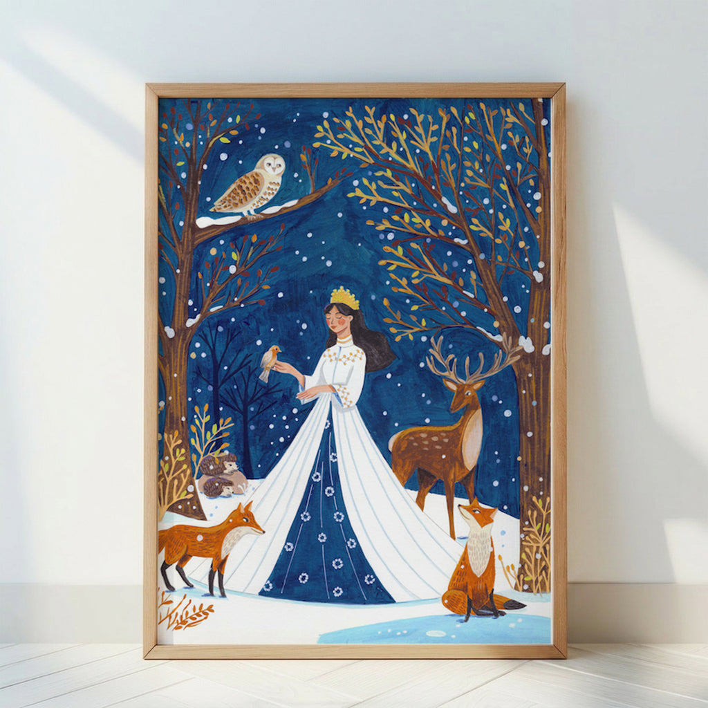 Winter Forest Queen Animals Snowy Fairytale Illustration Art Print