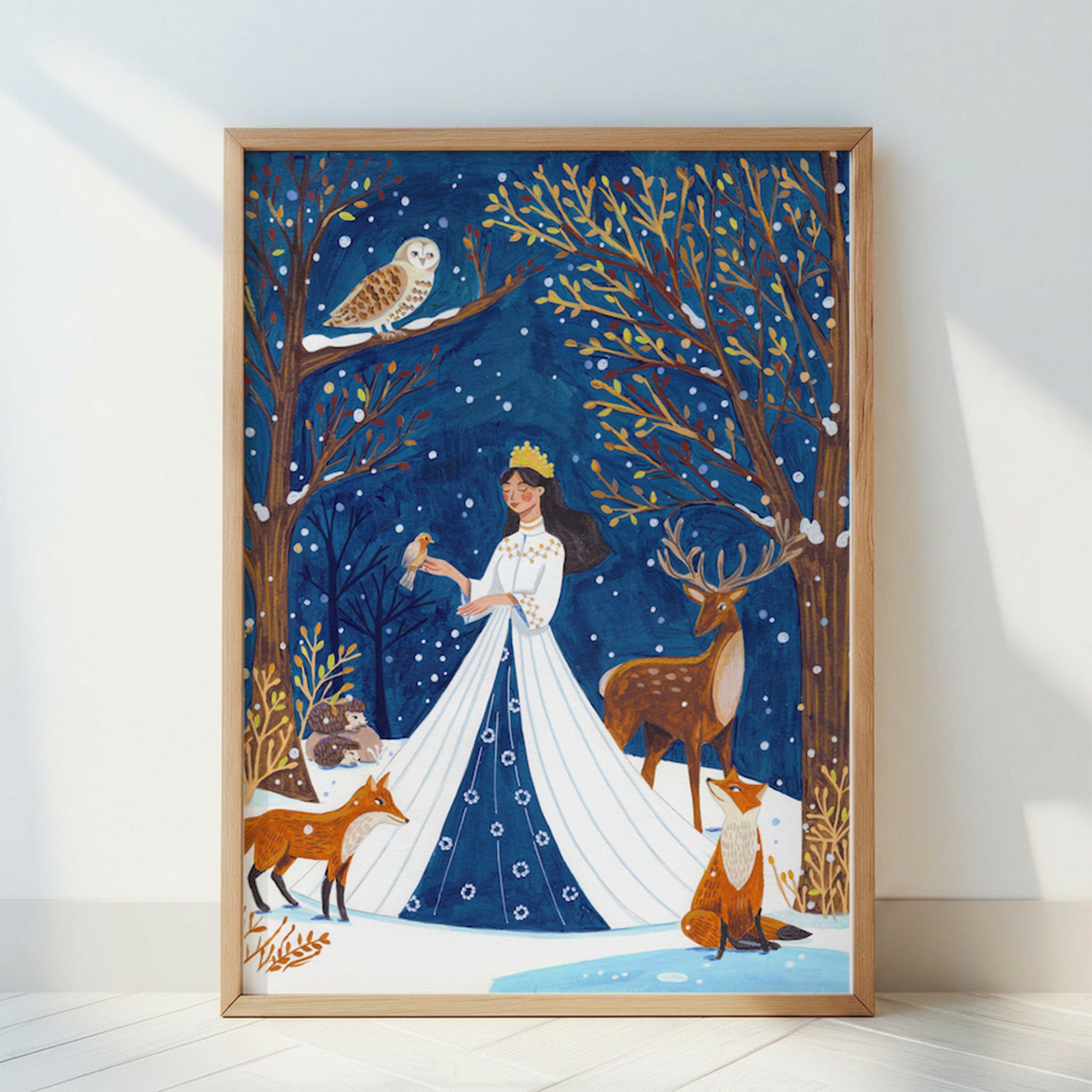 Winterwaldkönigin Tiere Schnee Märchen Illustration