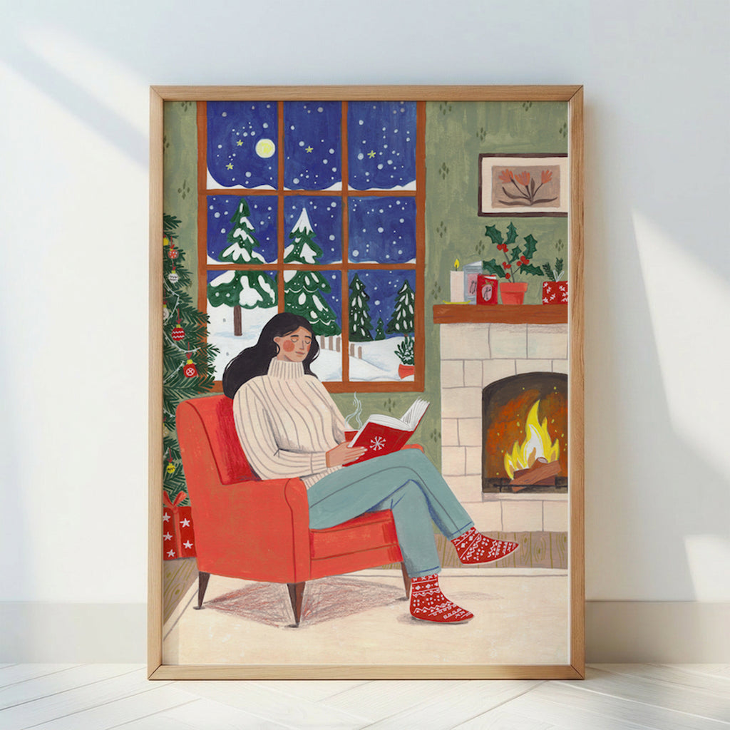 Gemütlicher Weihnachtslese-Kamin Winter-Illustrationsdruck