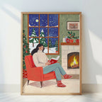 Gemütlicher Weihnachtslese-Kamin Winter-Illustrationsdruck