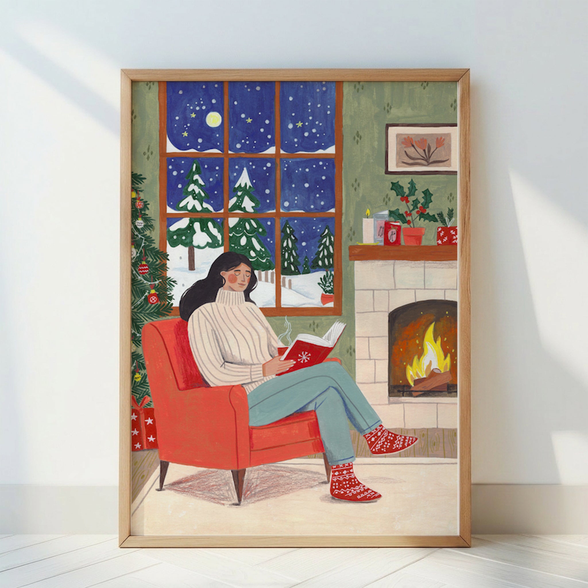 Gemütlicher Weihnachtslese-Kamin Winter-Illustrationsdruck