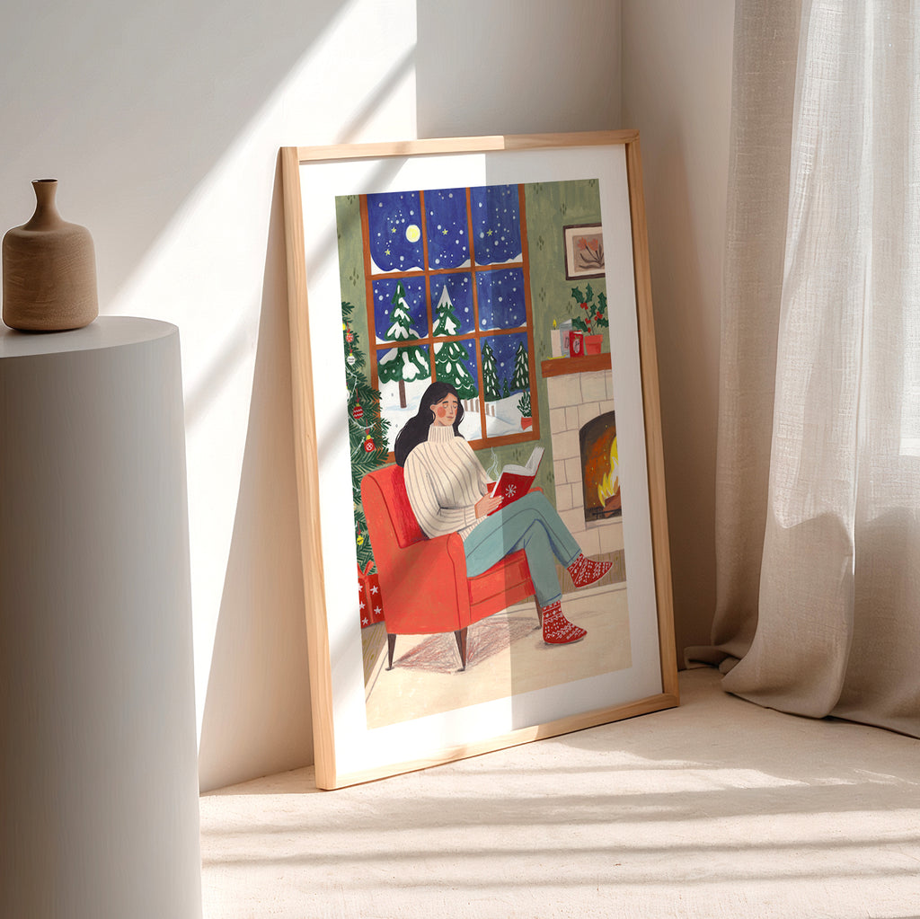 Gemütlicher Weihnachtslese-Kamin Winter-Illustrationsdruck