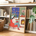 Gemütlicher Weihnachtslese-Kamin Winter-Illustrationsdruck
