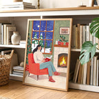 Gemütlicher Weihnachtslese-Kamin Winter-Illustrationsdruck