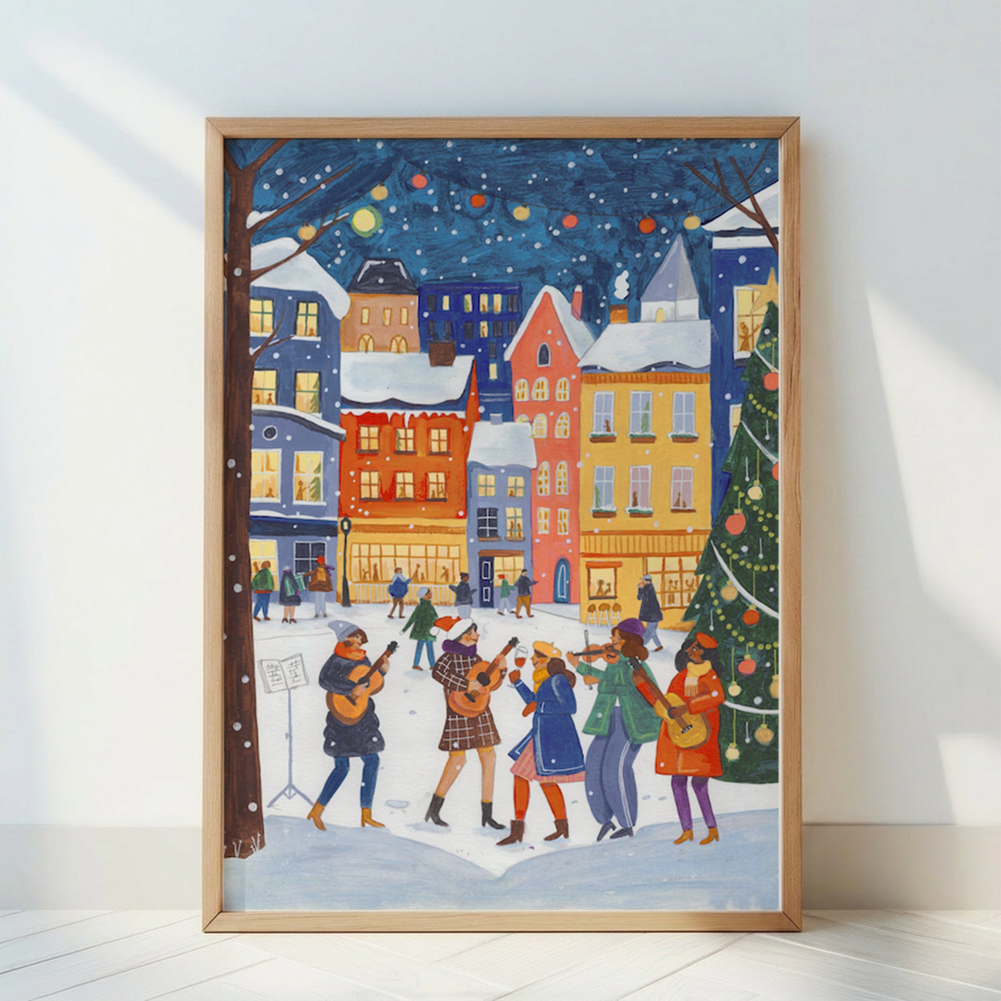 Weihnachtsmarkt Musiker Schneebedecktes Dorf Festliche Illustration
