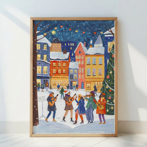 Weihnachtsmarkt Musiker Schneebedecktes Dorf Festliche Illustration