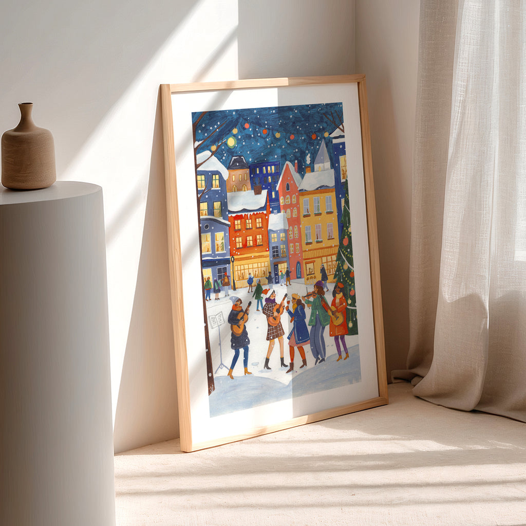 Weihnachtsmarkt Musiker Schneebedecktes Dorf Festliche Illustration