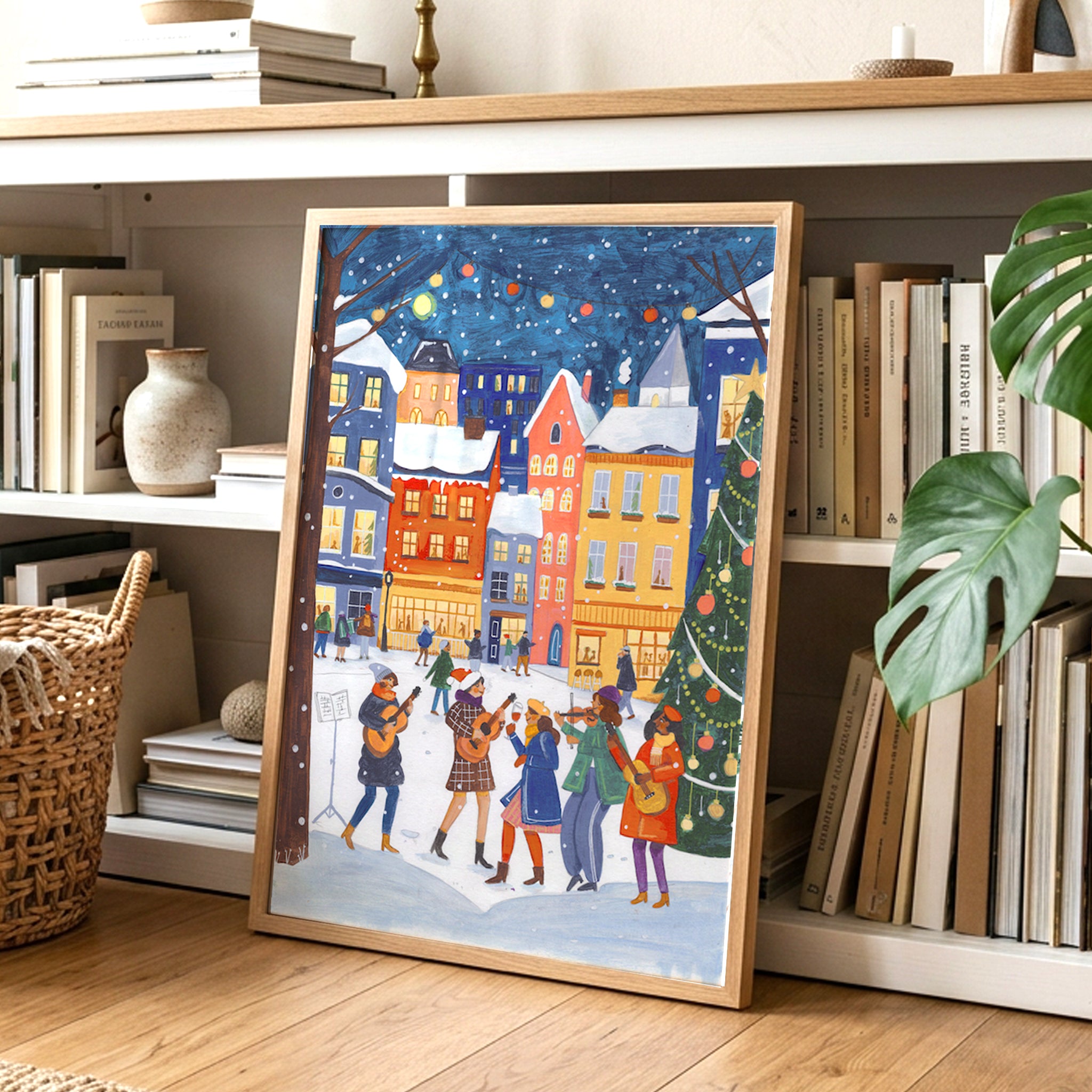 Weihnachtsmarkt Musiker Schneebedecktes Dorf Festliche Illustration