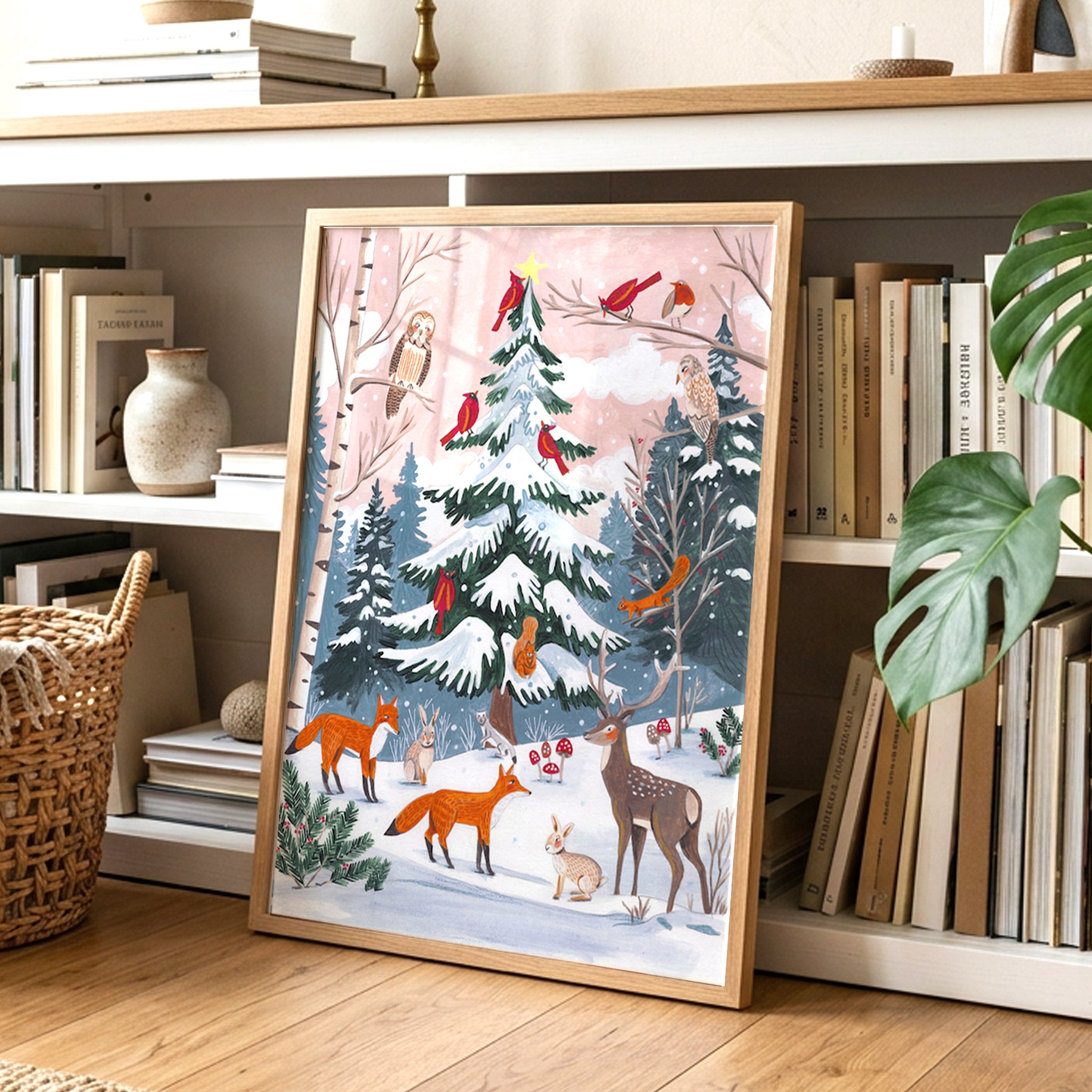 Whimsical Winter Forest Animals Christmas Tree Illustration