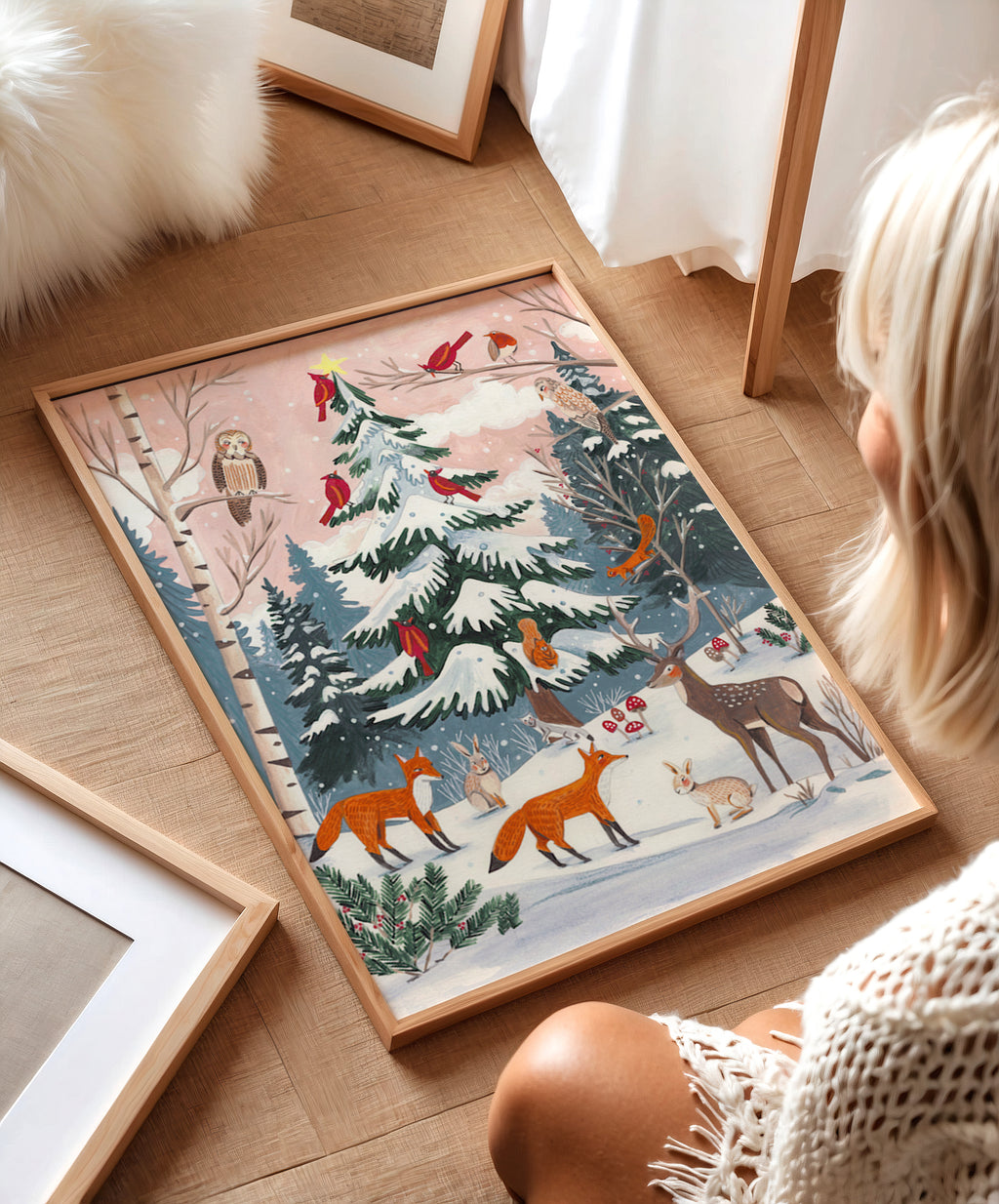 Whimsical Winter Forest Animals Christmas Tree Illustration
