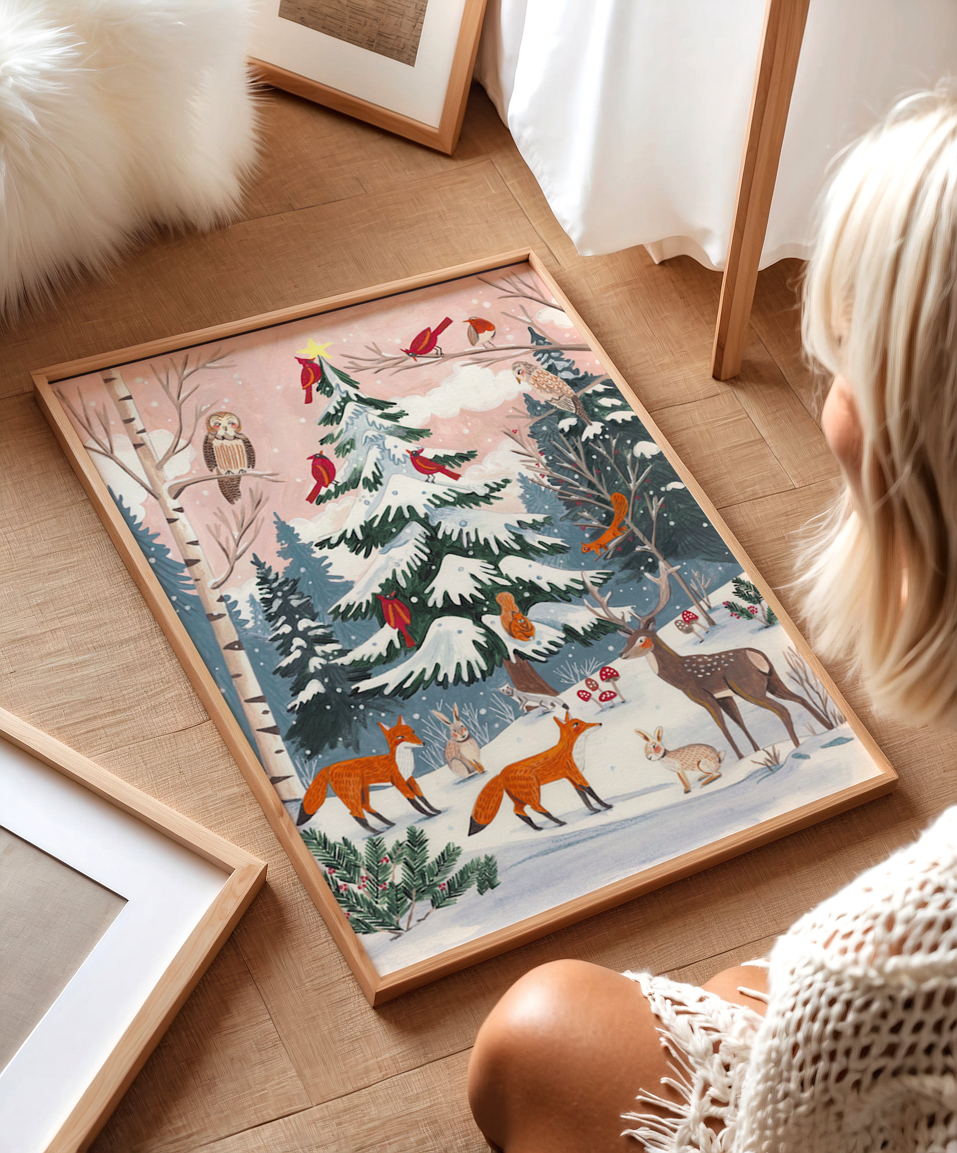 Whimsical Winter Forest Animals Christmas Tree Illustration