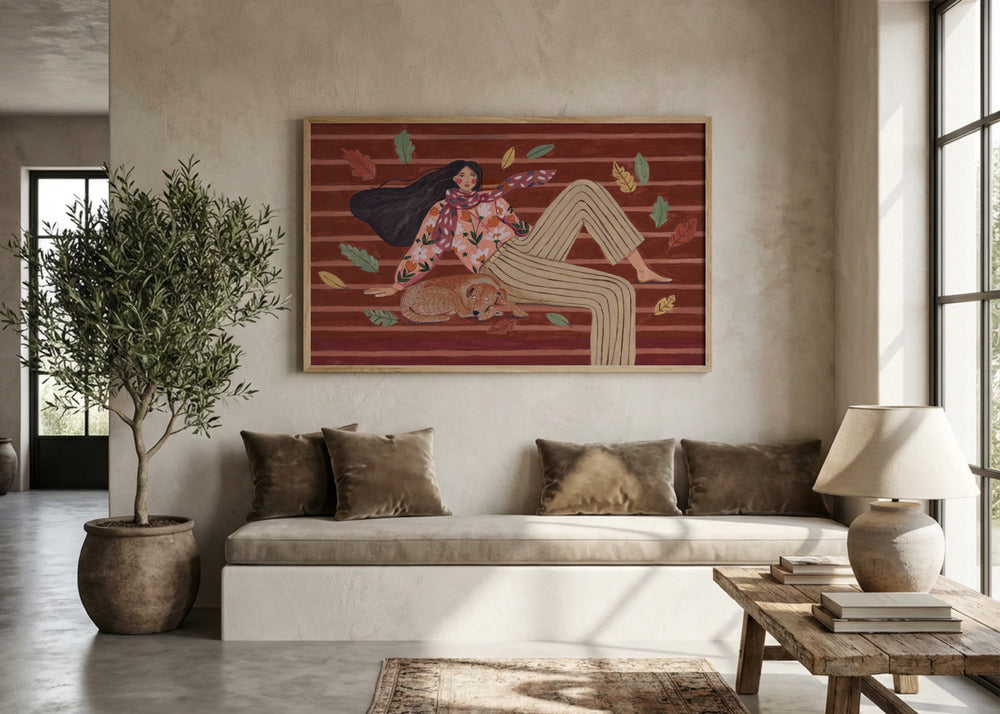 Autumn Girl with Dog Art Print