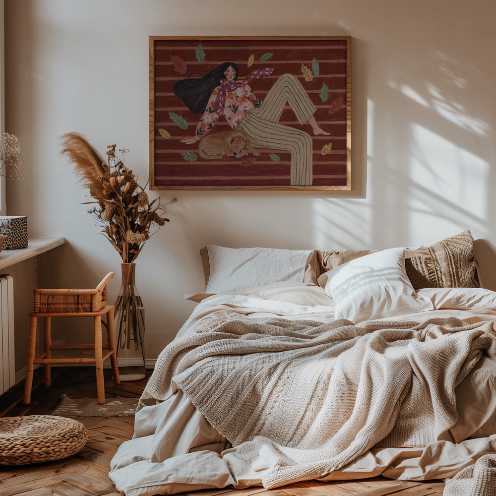 Autumn Girl with Dog Art Print