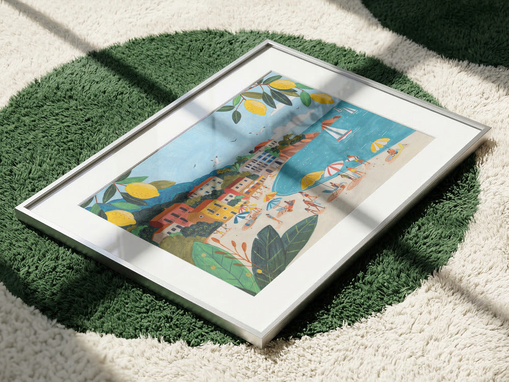 Mediterranean Beach Lemon Art Print | Colorful Coastal Illustration