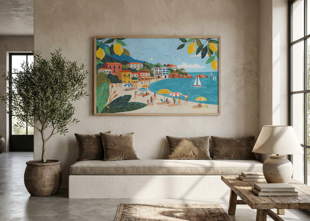 Mediterranean Beach Lemon Art Print | Colorful Coastal Illustration