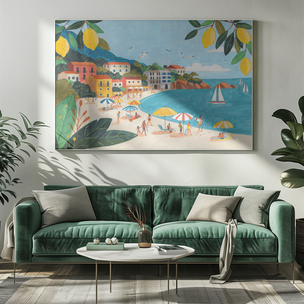 Mediterranean Beach Lemon Art Print | Colorful Coastal Illustration
