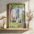 Mediterranean Garden with Black Cats Art Print