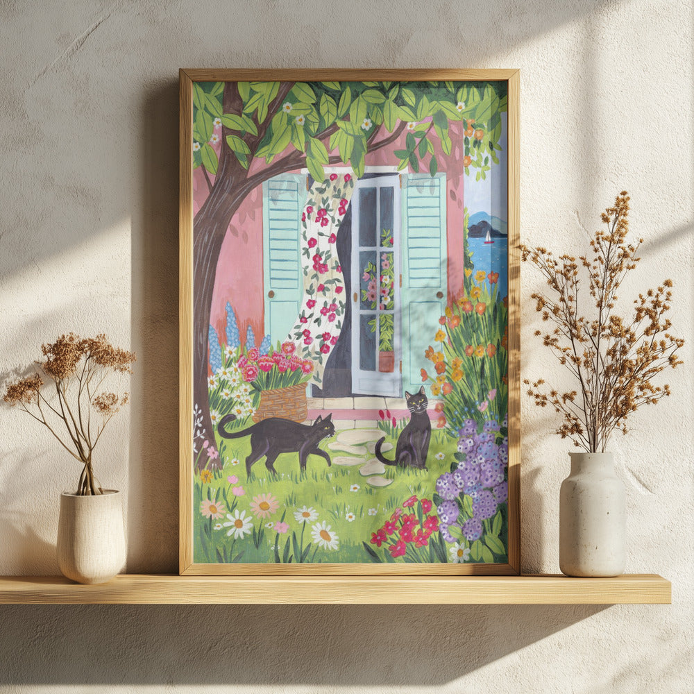 Mediterranean Garden with Black Cats Art Print