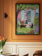 Mediterranean Garden with Black Cats Art Print