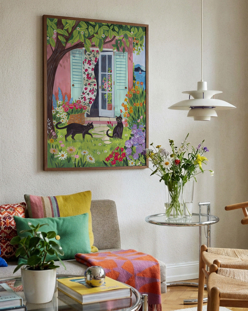Mediterranean Garden with Black Cats Art Print
