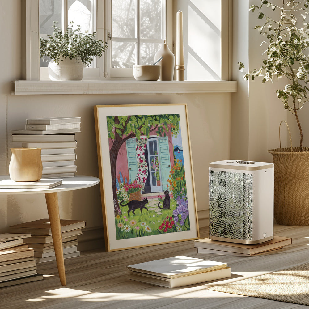 Mediterranean Garden with Black Cats Art Print