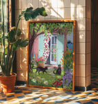 Mediterranean Garden with Black Cats Art Print