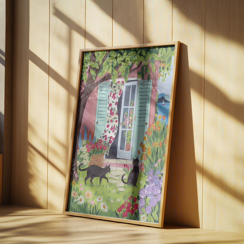 Mediterranean Garden with Black Cats Art Print