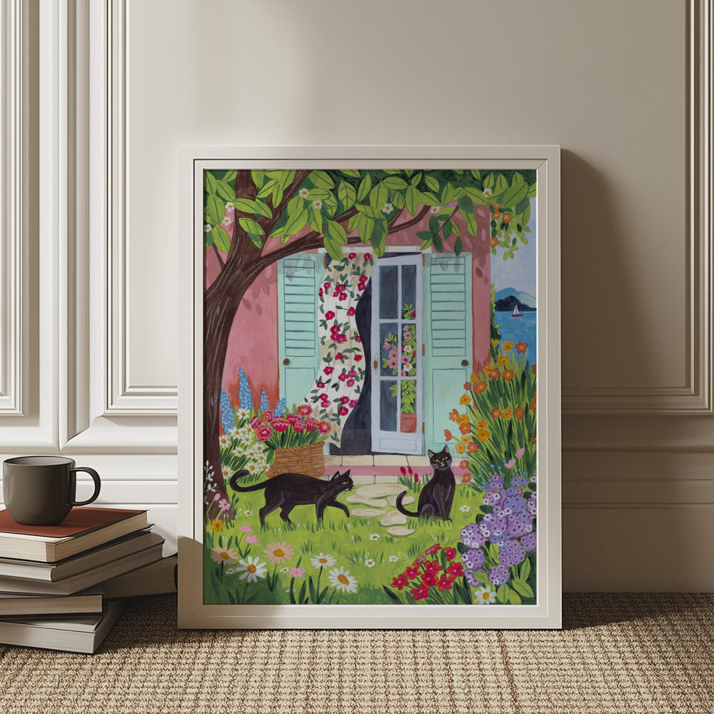 Mediterranean Garden with Black Cats Art Print