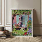 Mediterranean Garden with Black Cats Art Print