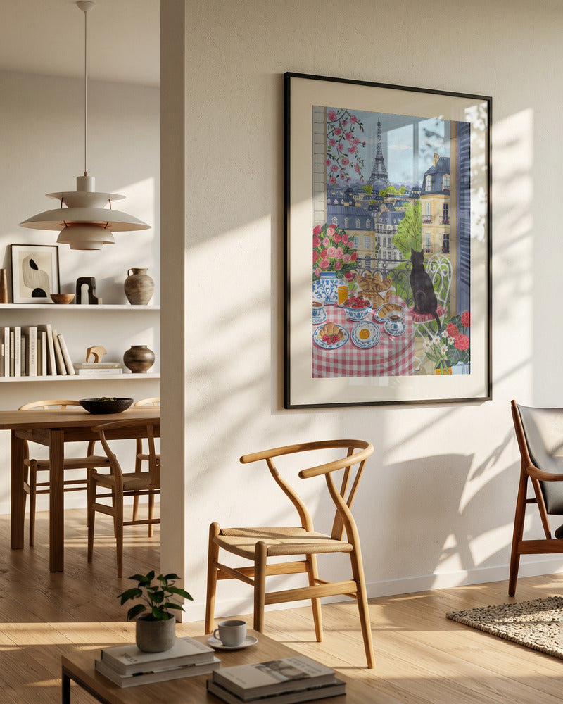 Paris Balcony Breakfast with Black Cat Art Print
