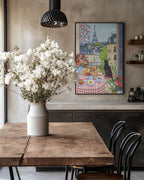 Paris Balcony Breakfast with Black Cat Art Print