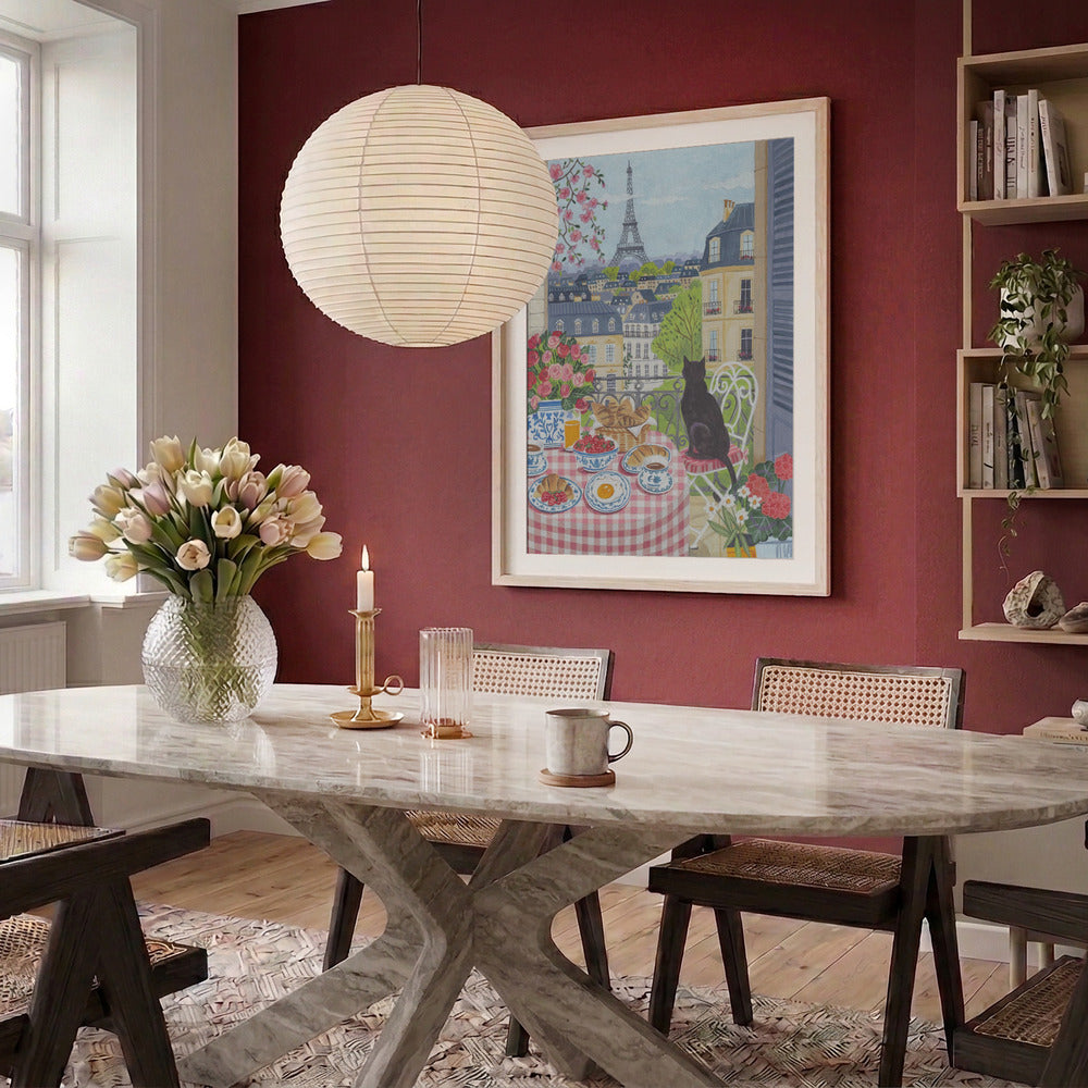 Paris Balcony Breakfast with Black Cat Art Print