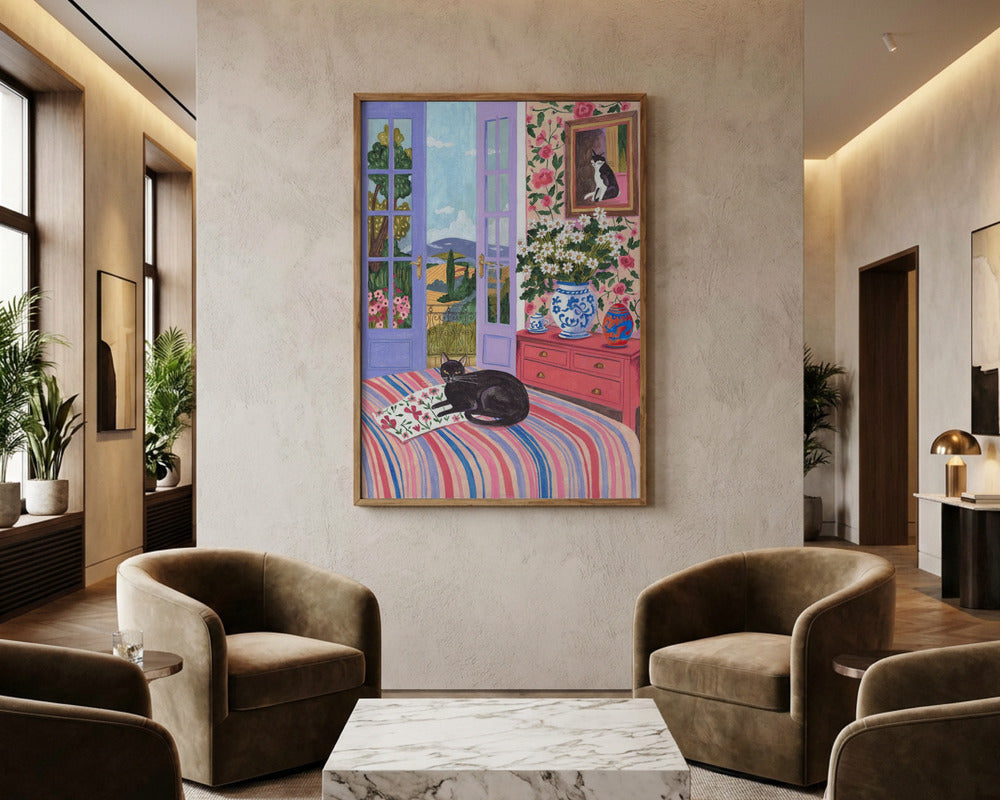 Black Cat Mediterranean Bedroom Art Print