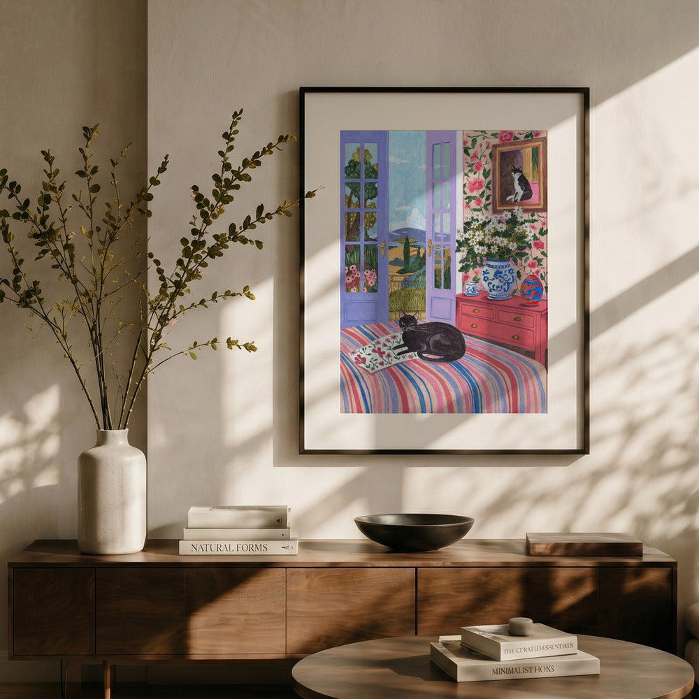 Black Cat Mediterranean Bedroom Art Print