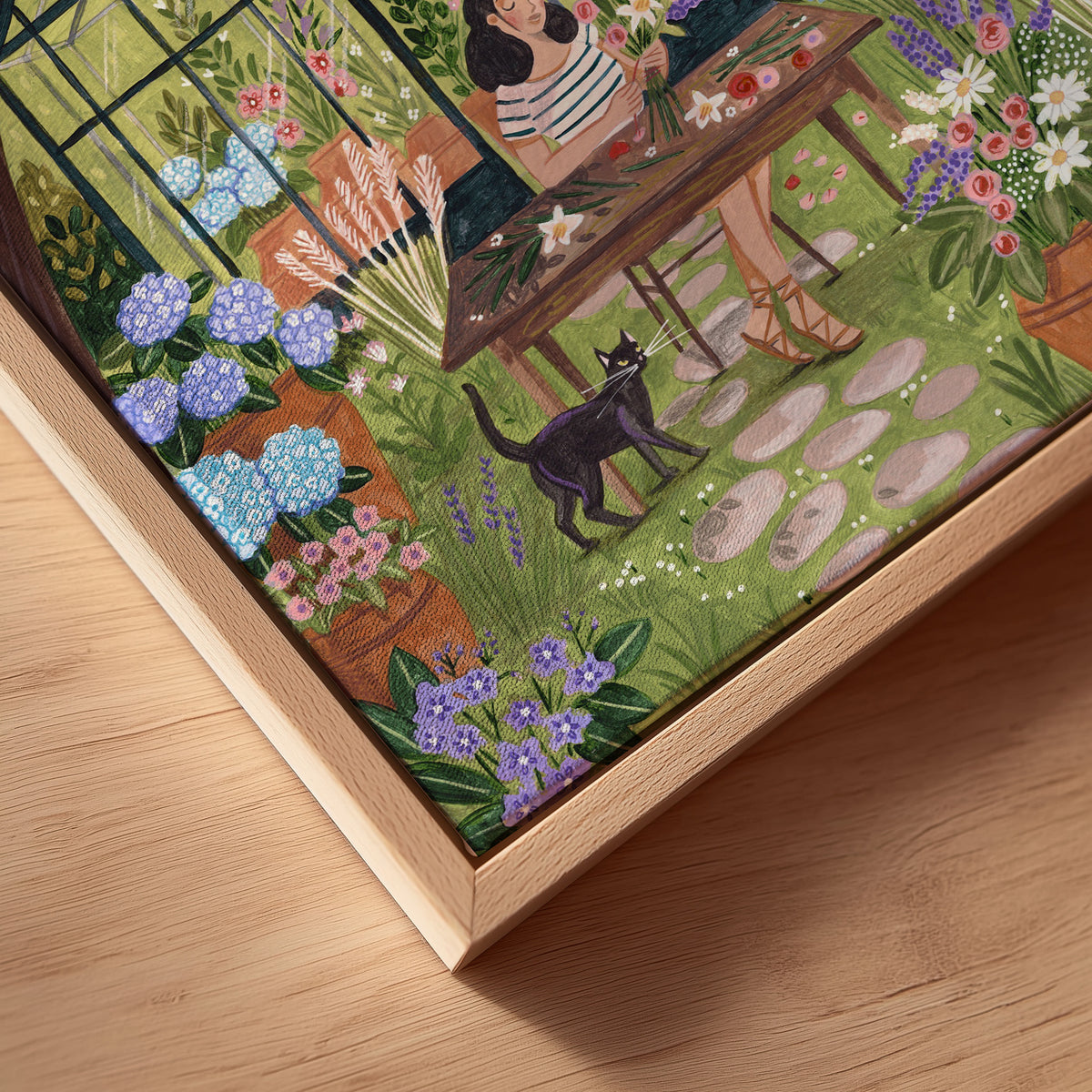 Greenhouse Garden Woman Arranging Flowers Framed Canvas Wall Art