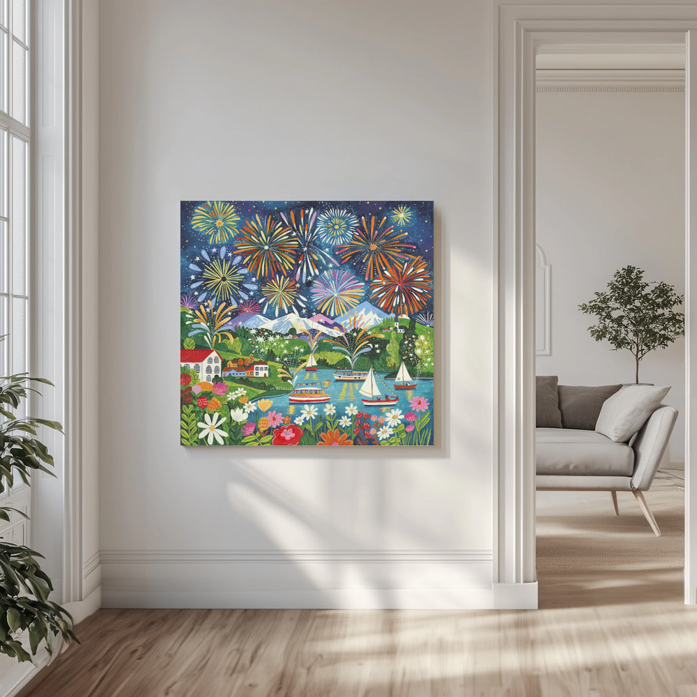 Feuerwerk-Seefest Kunstposter | Farbenfrohe Nachtlandschaft