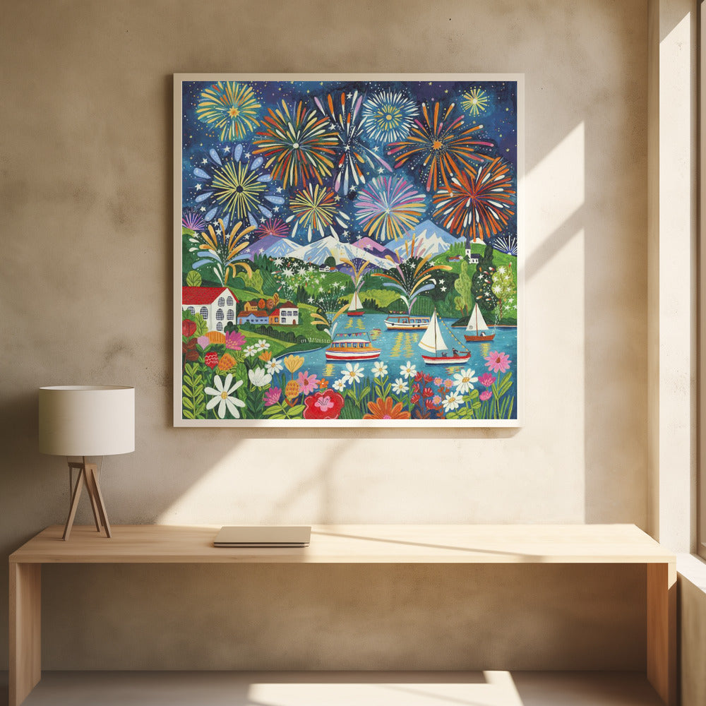 Feuerwerk-Seefest Kunstposter | Farbenfrohe Nachtlandschaft