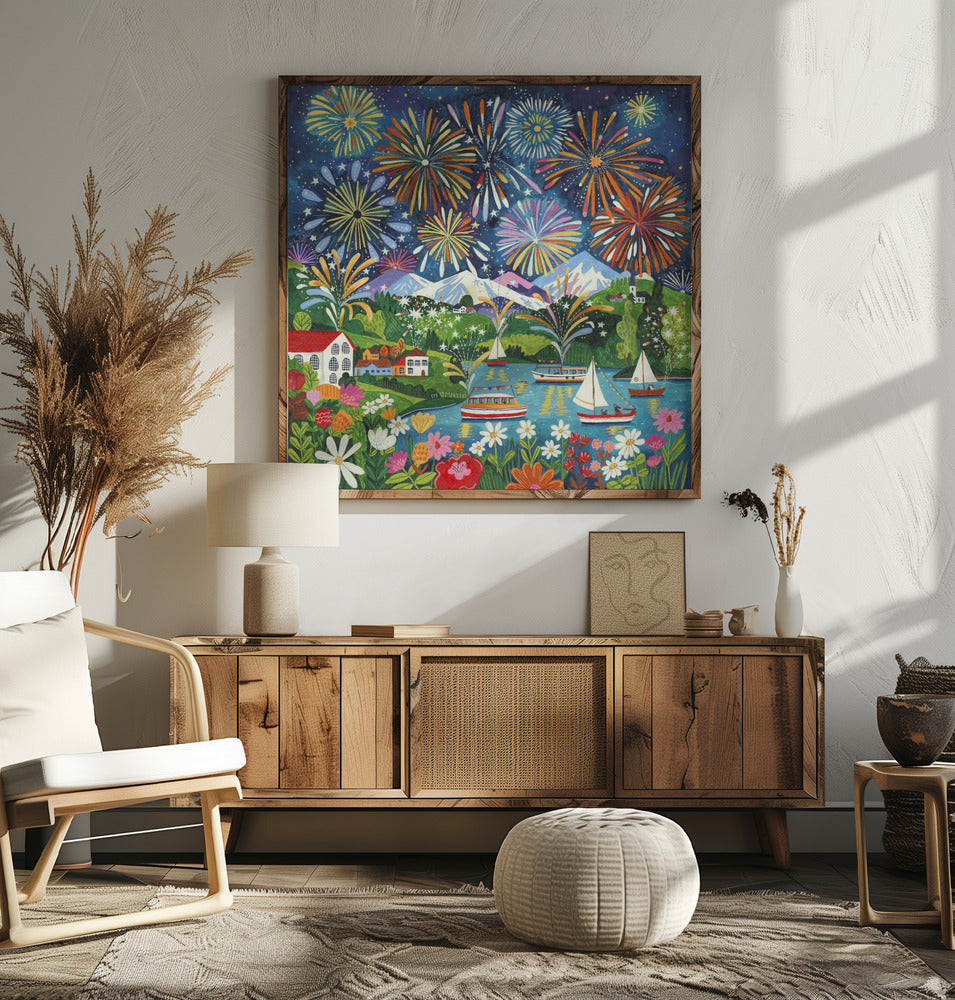 Feuerwerk-Seefest Kunstposter | Farbenfrohe Nachtlandschaft
