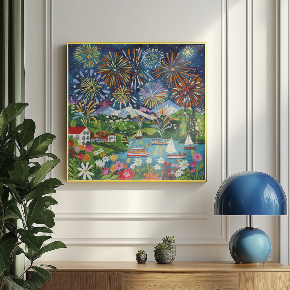 Feuerwerk-Seefest Kunstposter | Farbenfrohe Nachtlandschaft