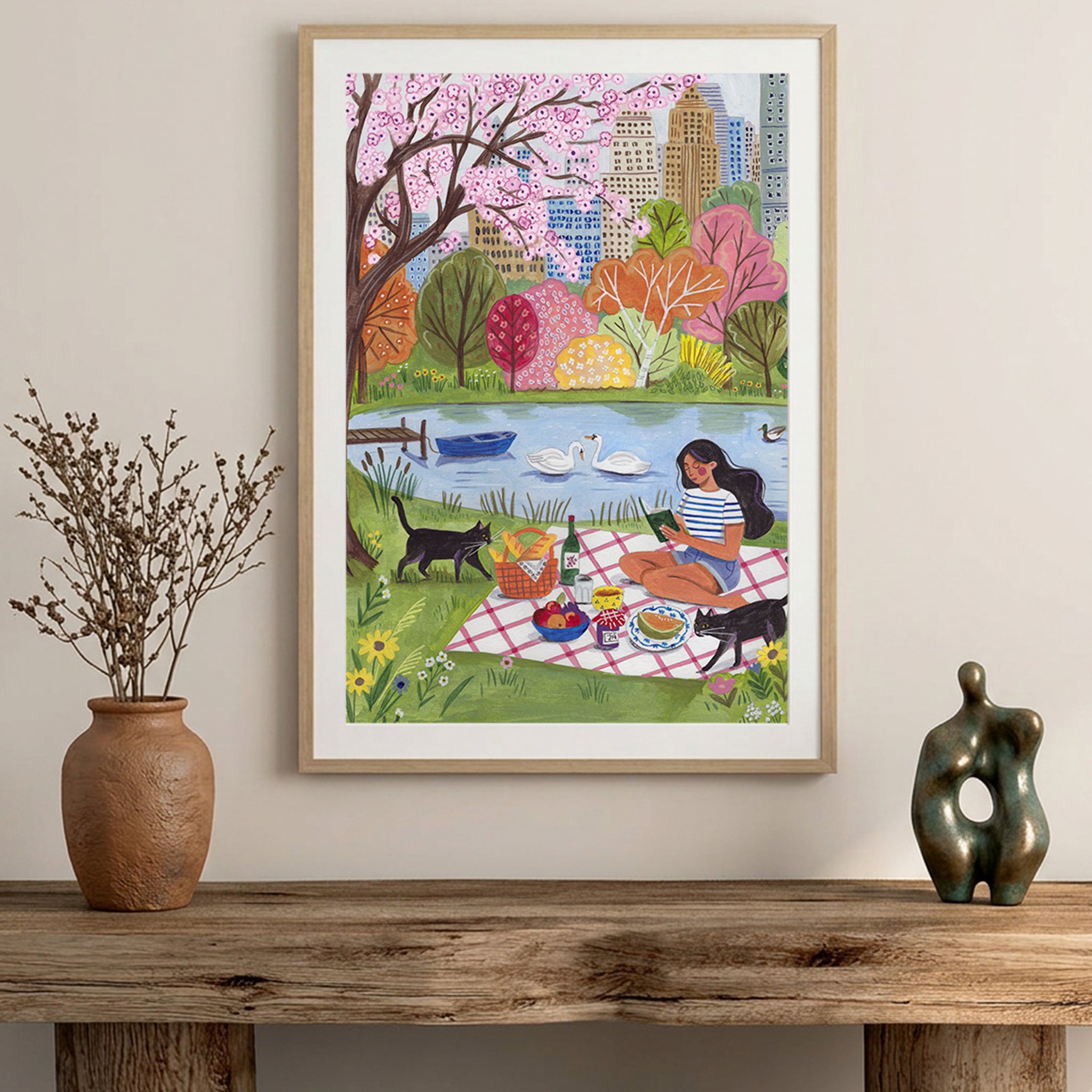 Spring Picnic in City Park Art Print | Cherry Blossom Wall Art