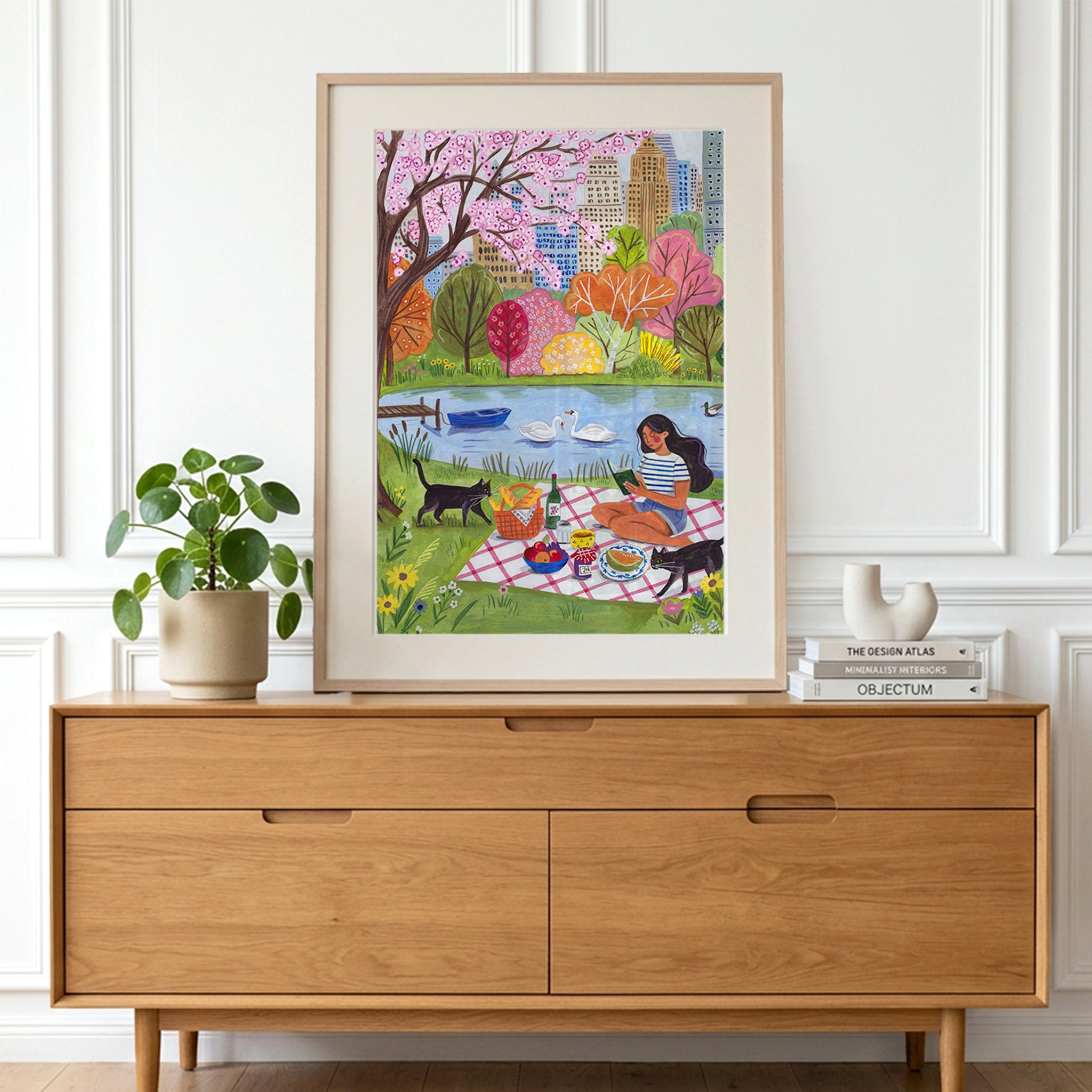 Spring Picnic in City Park Art Print | Cherry Blossom Wall Art