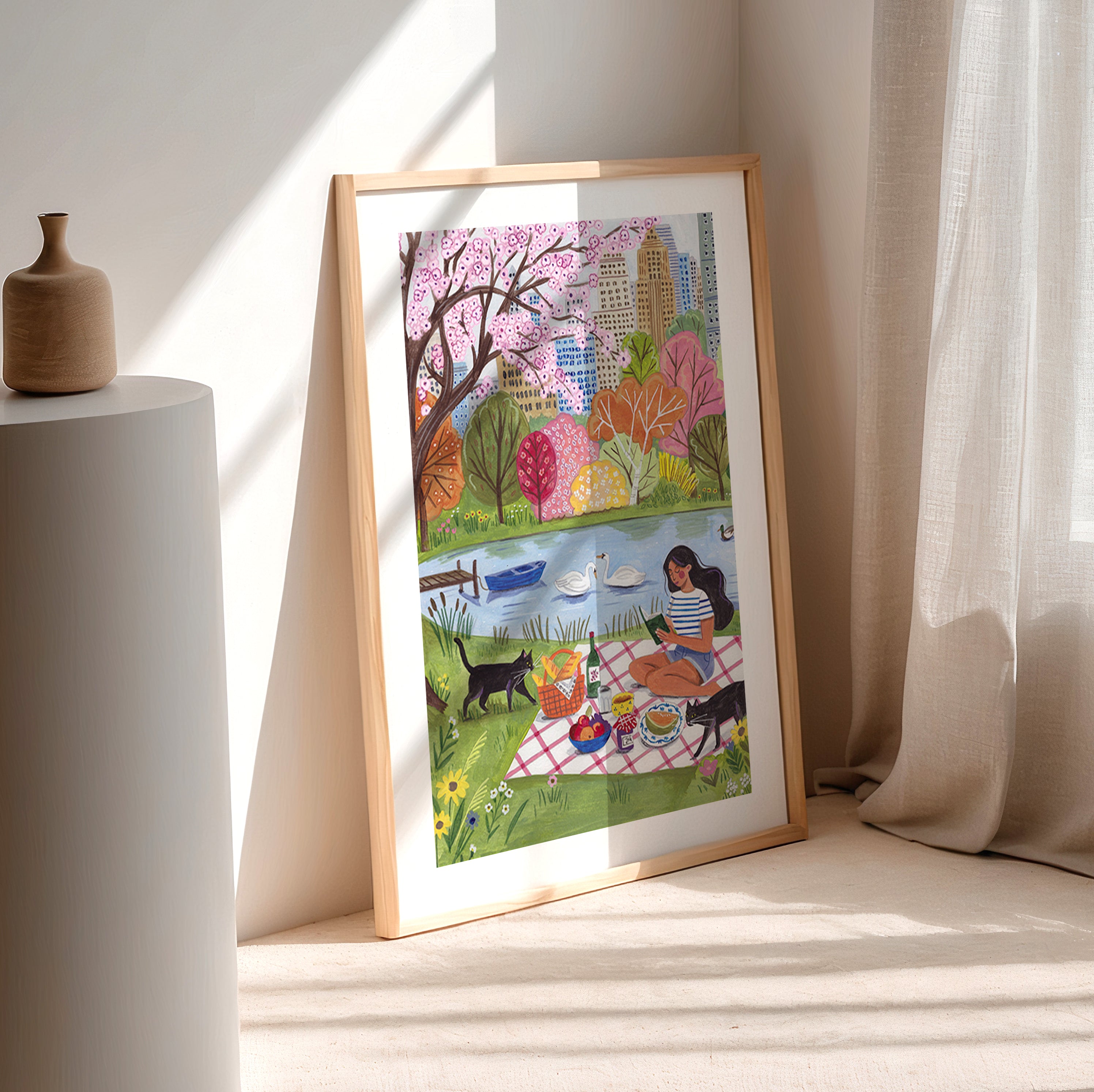Spring Picnic in City Park Art Print | Cherry Blossom Wall Art