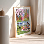 Spring Picnic in City Park Art Print | Cherry Blossom Wall Art
