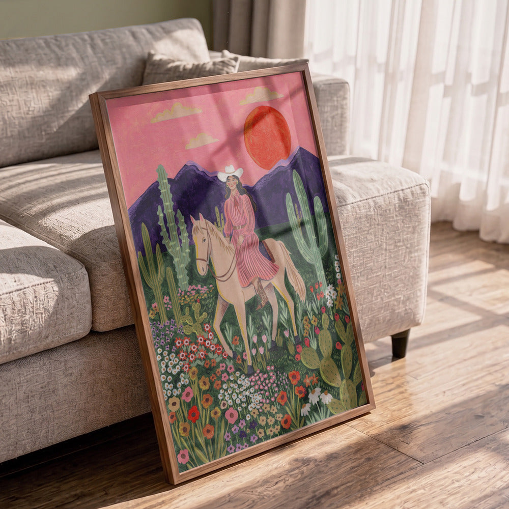 Cowgirl Desert Sunset Art Print | Whimsical Western Wall Art