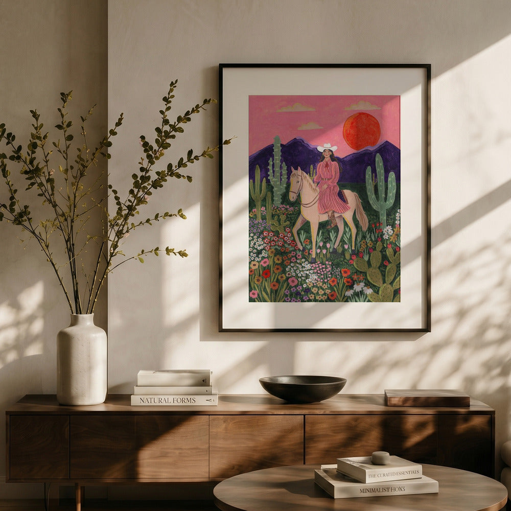 Cowgirl Desert Sunset Art Print | Whimsical Western Wall Art