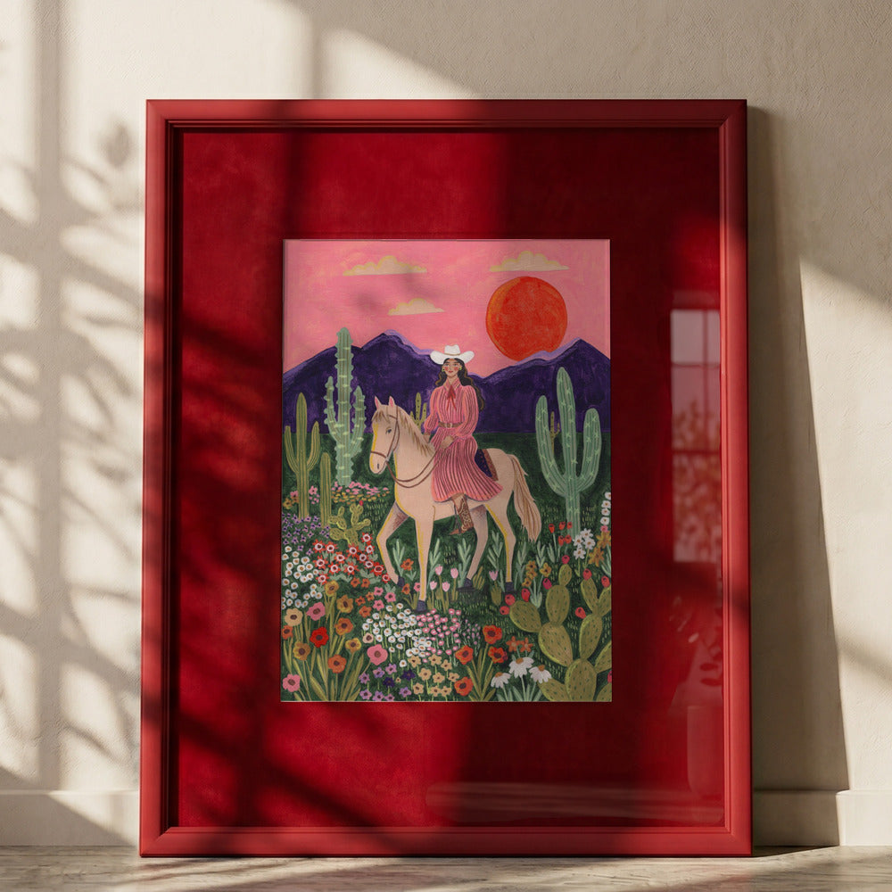 Cowgirl Desert Sunset Art Print | Whimsical Western Wall Art