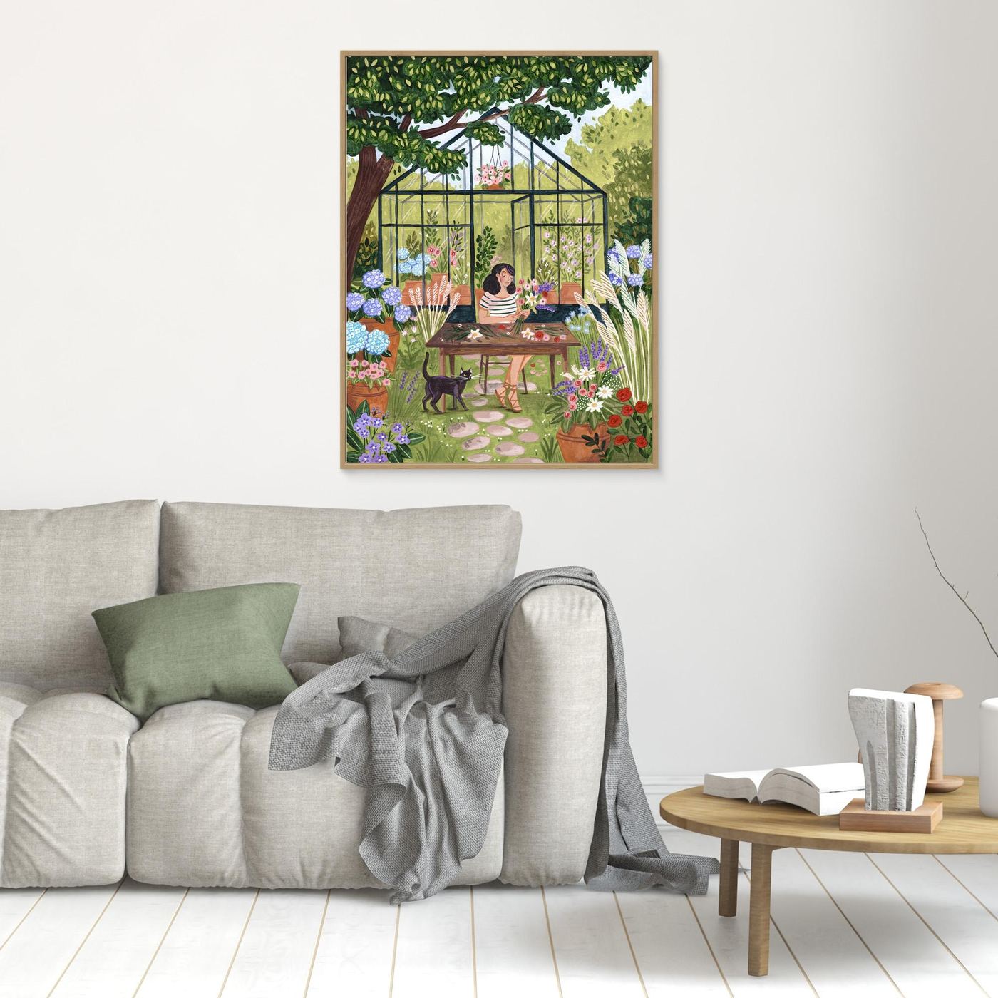 Greenhouse Garden Woman Arranging Flowers Art Print | Botanical Illustration