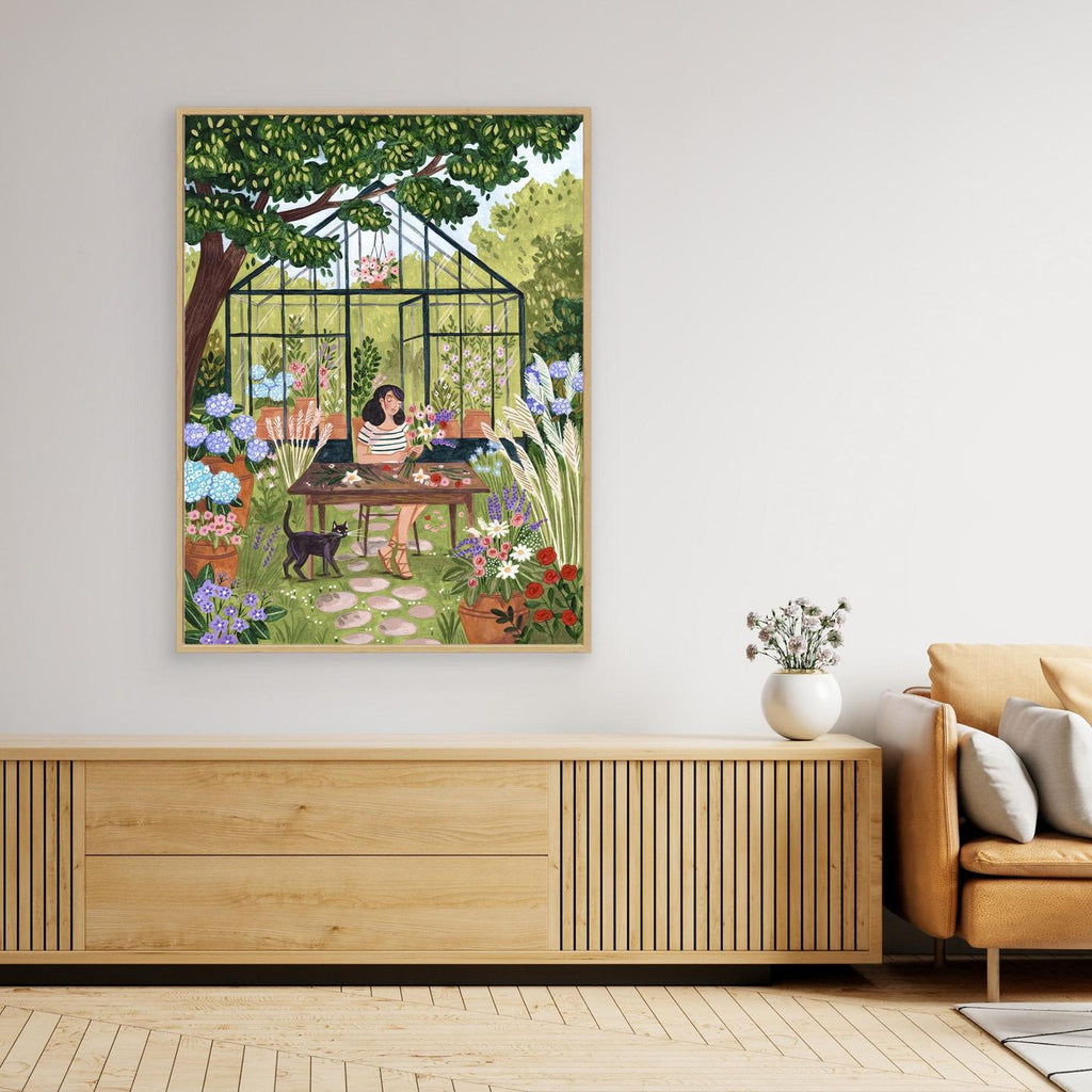 Greenhouse Garden Woman Arranging Flowers Art Print | Botanical Illustration